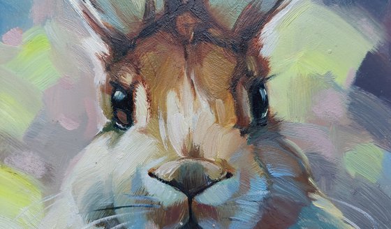 Funny rabbit oil painting original art 6x6, Pet portrait, Rabbit illustration ready to ship, Nursery wall art rabbit lover gift Christmas