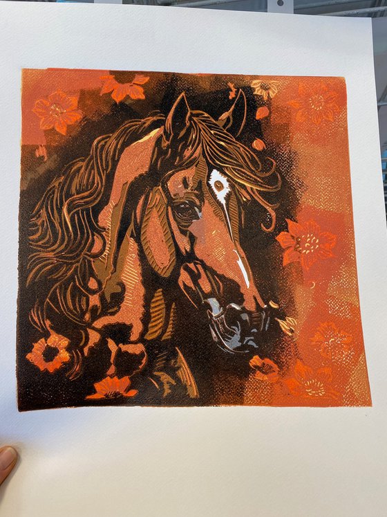 Horse – reduction linocut print