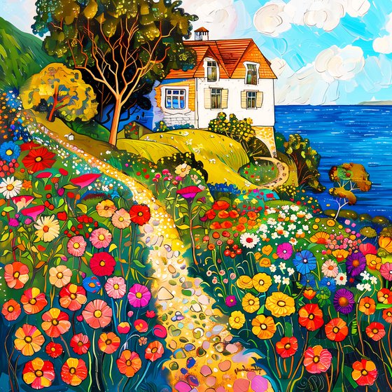 Sunny day with cozy house near the sea. Colorful impressionistic fairytale floral landscape fantasy flowers. Hanging large positive relax naive fine art for home decor, inspiration by Matisse and Klimt