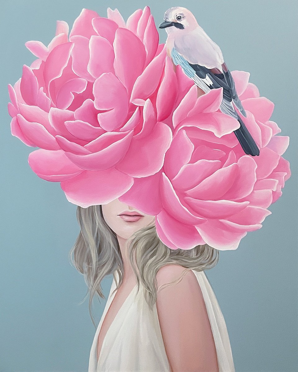 Portrait Acrylic Painting By Elina Zelena, 24 X 30, Girl With A Bird, Original Artwork