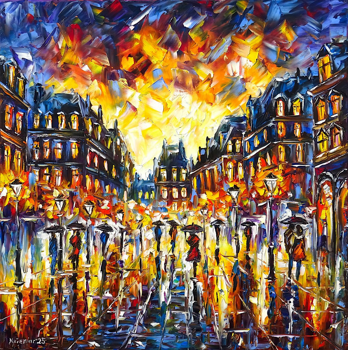 Expressive Cityscapes Oil Painting By Mirek Kuzniar, 24 X 24", City In The Evening Rain, Original Artwork