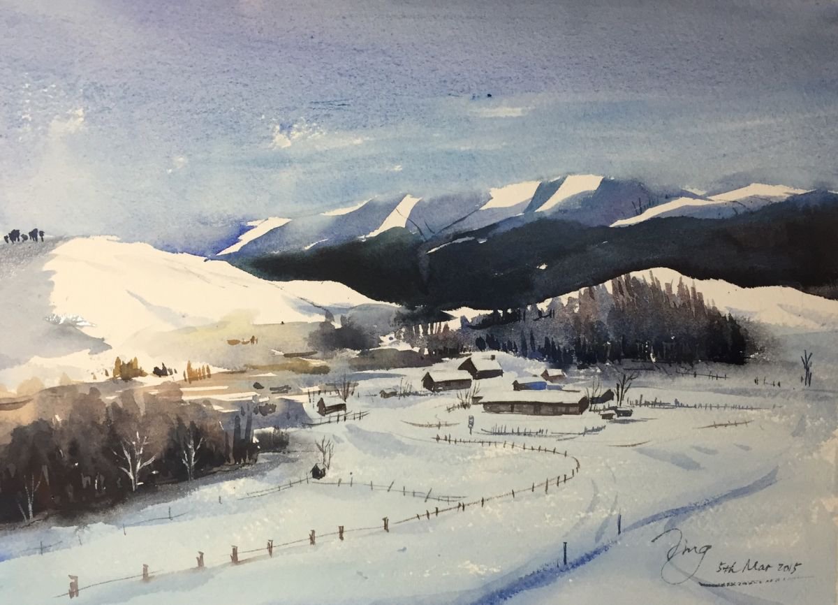 Impressionistic Landscape Watercolour By Jing Chen, 15 X 11, Snowbound 2, Original Artwork