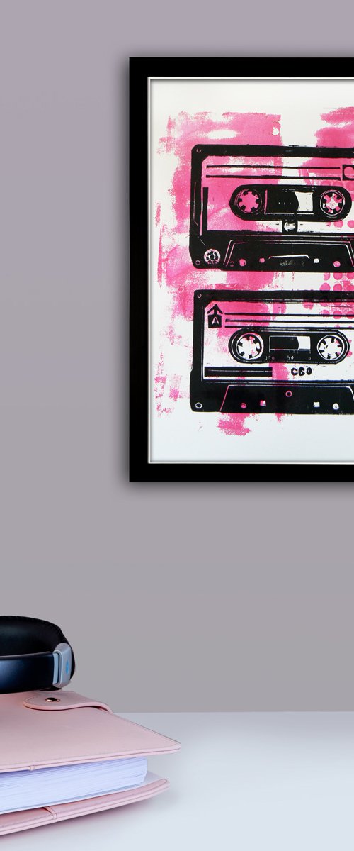 Cassettes duo (monoprint and lino print combination) by Carolynne Coulson