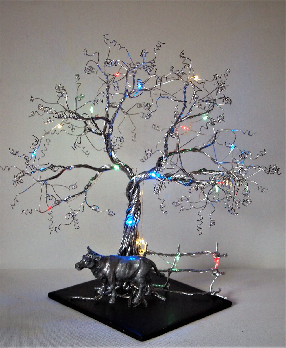 Silver wire tree sculpture with Cow, fence and LED lights by Steph Morgan
