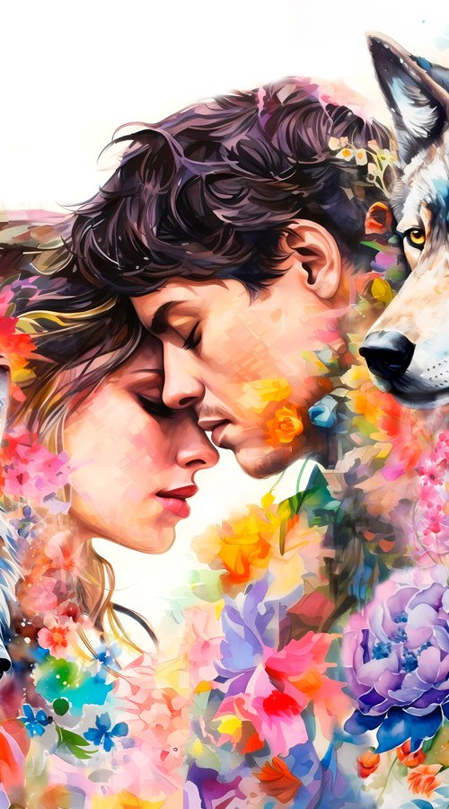 Man woman in flowers. Wolves by BAST