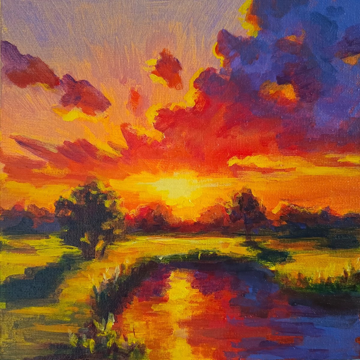 Sunset landscape lake by Anastasia Art Line