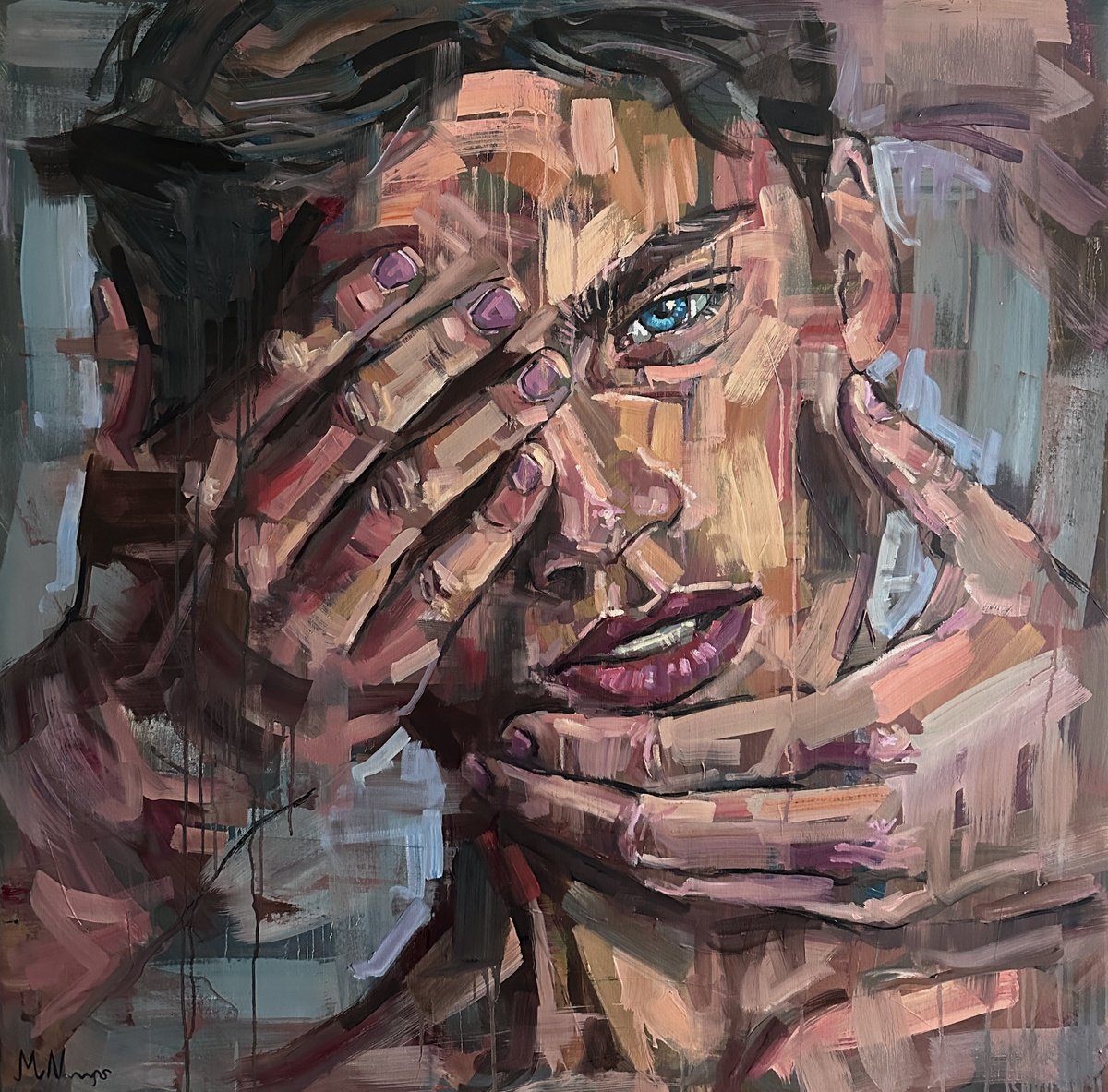 Expressive Portrait Oil Painting By Emmanouil Nanouris, 39 X 39, Two Hands Are Better, Original Artwork