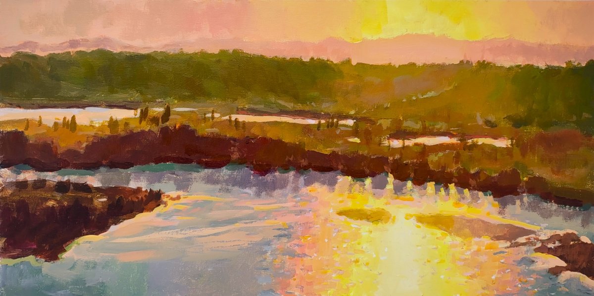 Impressionistic Landscape Acrylic Painting By Kristina Sellers, 20 X 10", Crimson River, Original Artwork