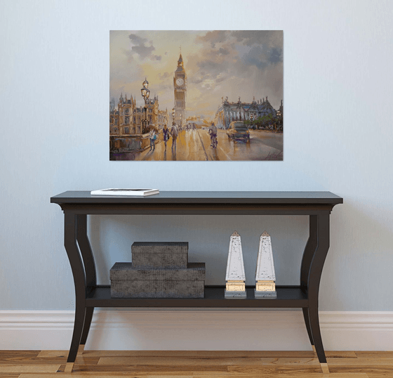 London after the rain - cityscape original oil painting