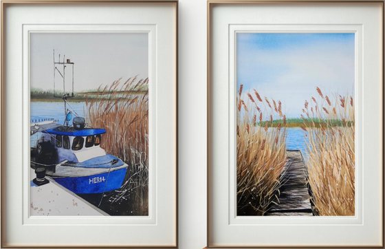 Set of 2. Boat on the river