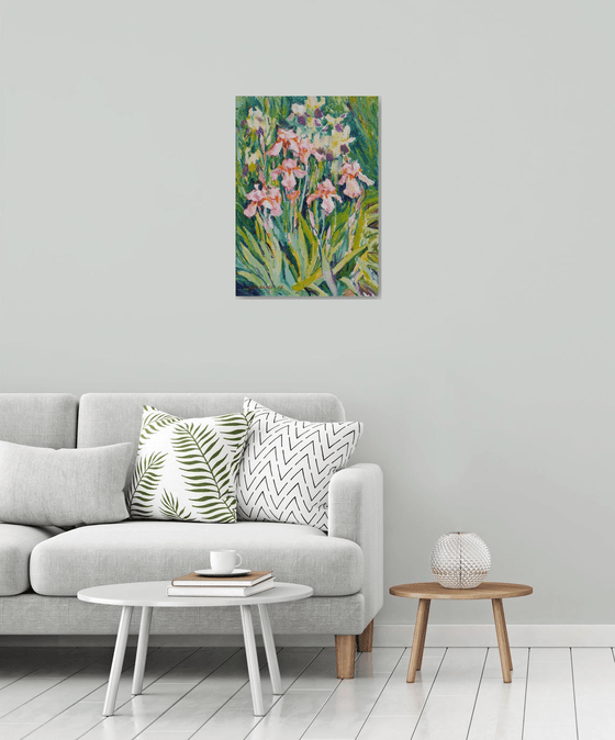 Irises blooming (plein air) original painting