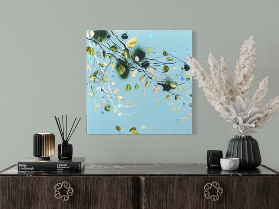 Structure impasto acrylic painting with abstract flowers 50x50cm "Small Pistachio"