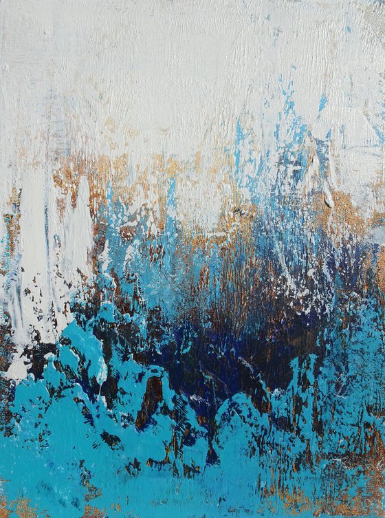 Large Abstract Painting. Modern White, Blue and Gold Textured Art. Painting with Structures. Triptych