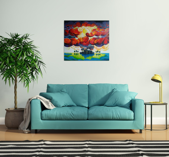 Sunset (80x90cm, cubism, oil painting, ready to hang)