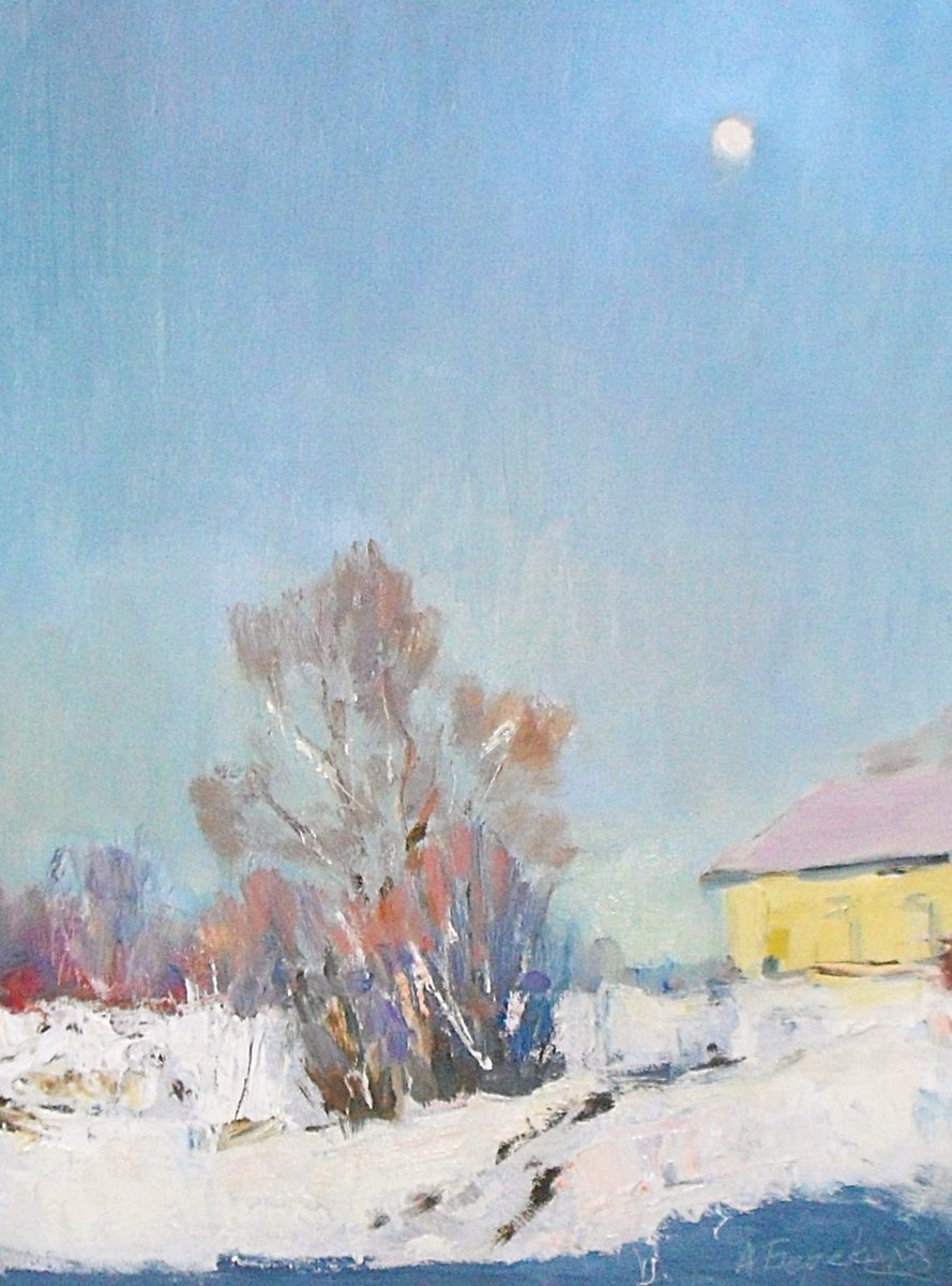 Impressionistic Landscape Oil Painting By Andriy Berekelia, 12 X 16, Winter Silence Under The Moon, Original Artwork