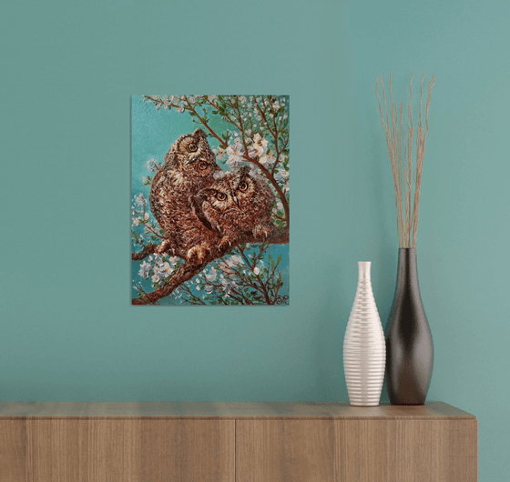 Spring landscape with owls