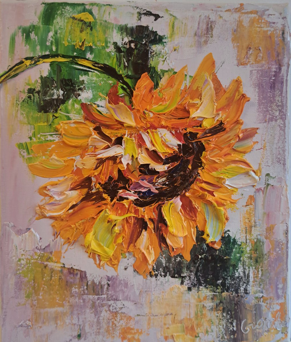 Impressionistic Botanical Oil Painting By Oksana Fedorova, 9 X 12", Sunflower Impasto, Original Artwork