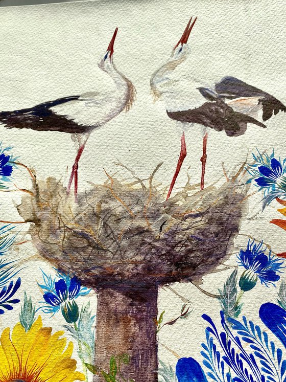 Nest of Serenity with a pair of storks surrounded by a field of lush wild yellow blue flowers