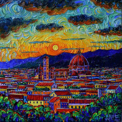 MIRACULOUS SUNSET IN FLORENCE ITALY textured impasto palette knife oil painting on 3D canvas abstract cityscape Ana Maria Edulescu by ANA MARIA EDULESCU