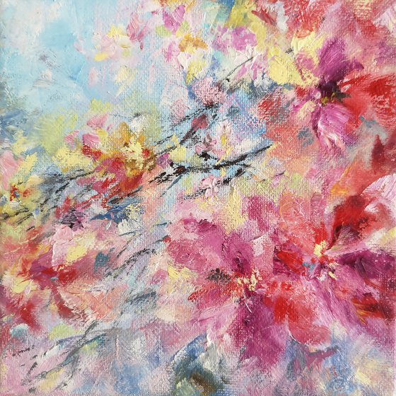 Abstract colorful flowers small oil painting