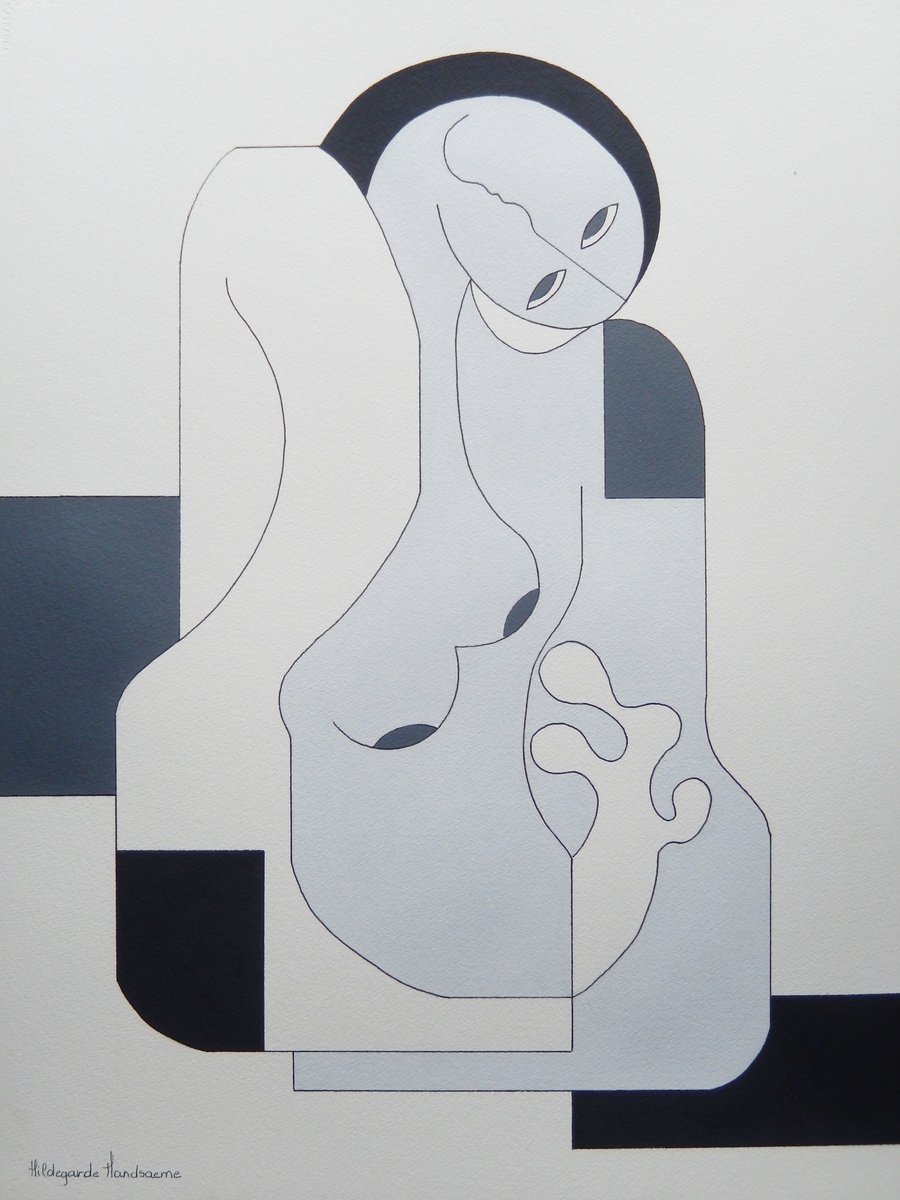 Geometric Portrait Acrylic Painting By Hildegarde Handsaeme, 22 X 30, Me-Time, Original Artwork