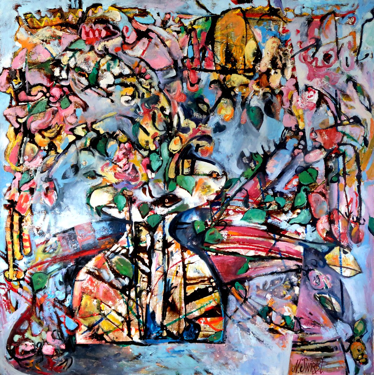 Expressive Still Life Oil Painting By Nikifor Swiristuhin, 47 X 47", Flowers For Her., Original Artwork