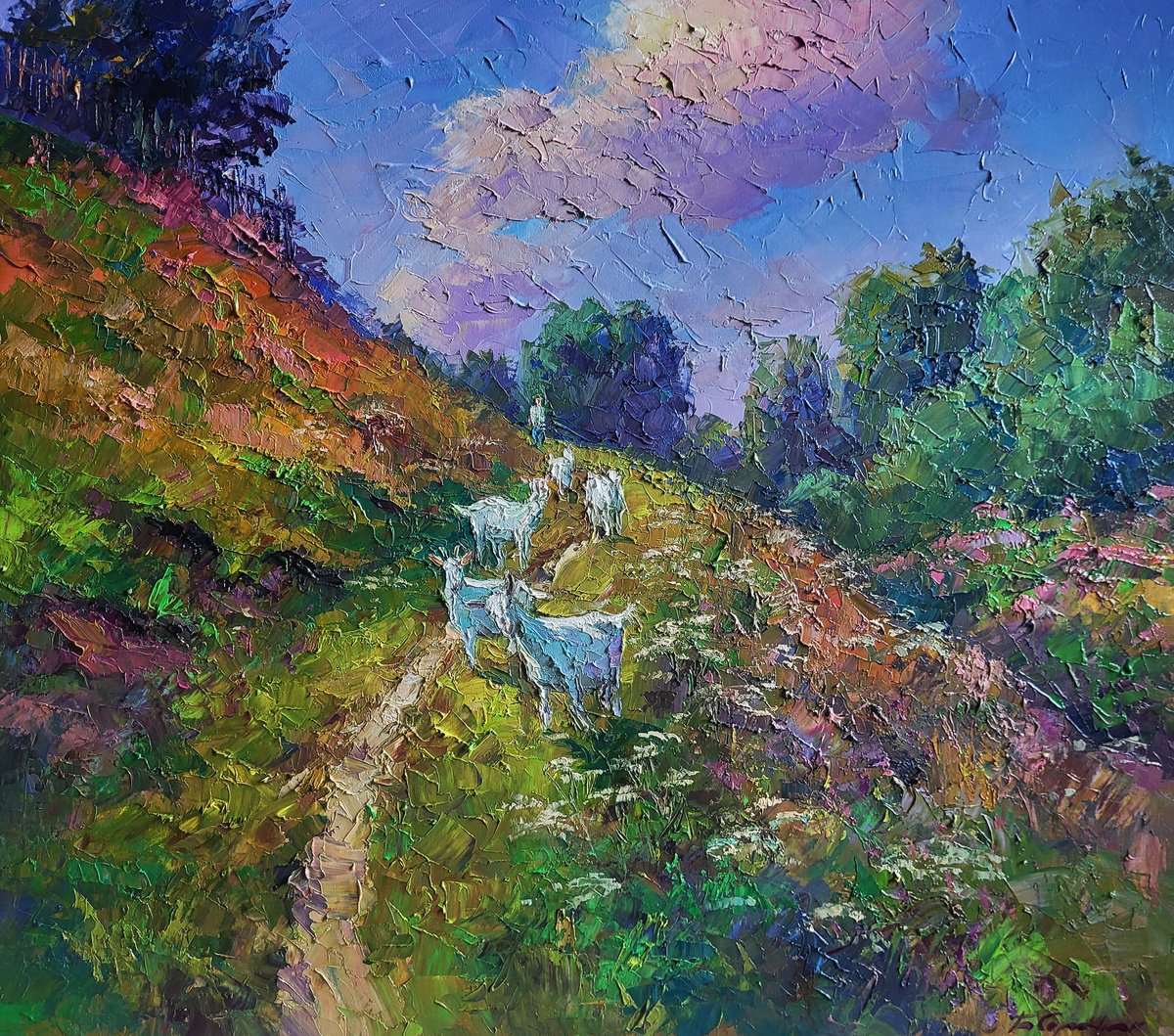 Impressionistic Landscape Oil Painting By Boris Serdyuk, 31 X 28, White Goats, Original Artwork