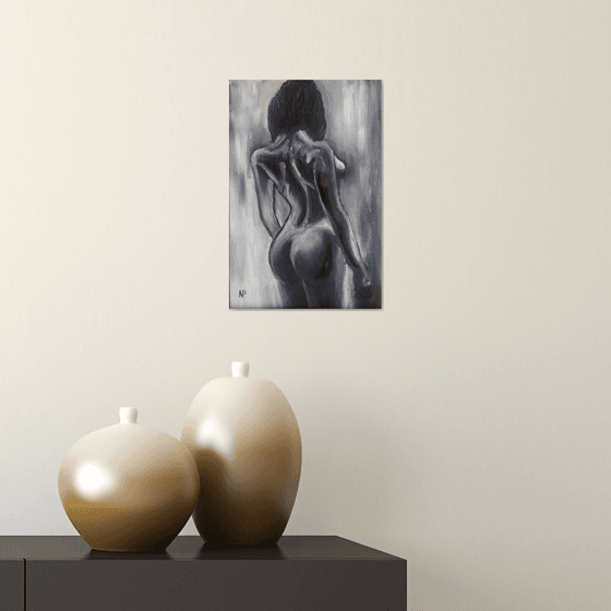 With him, original nude erotic black and white oil painting, Gift, art for bedroom