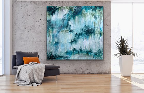 78''X75''(200X190CM), The Sacred Land, blue, olive green, turquoise, green black, texture, land earth colors canvas art  - xxxl art - abstract art painting- extra large art