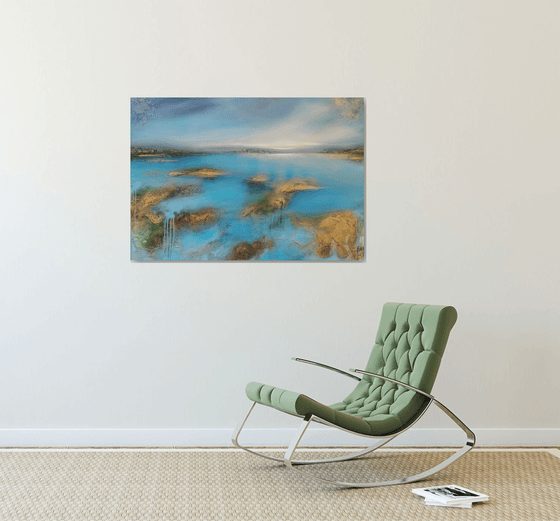A large abstract beautiful structured mixed media painting of a lake "On the lakeshore"