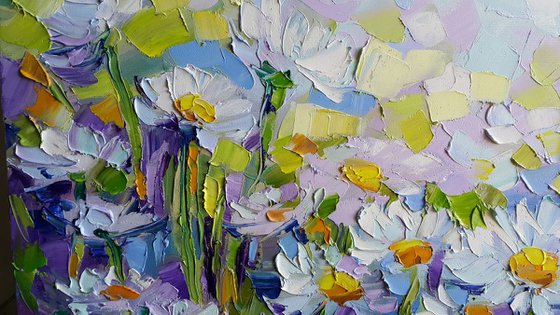 Daisies painting, Chamomiles flowers white daisies blooming original impasto oil canvas artwork