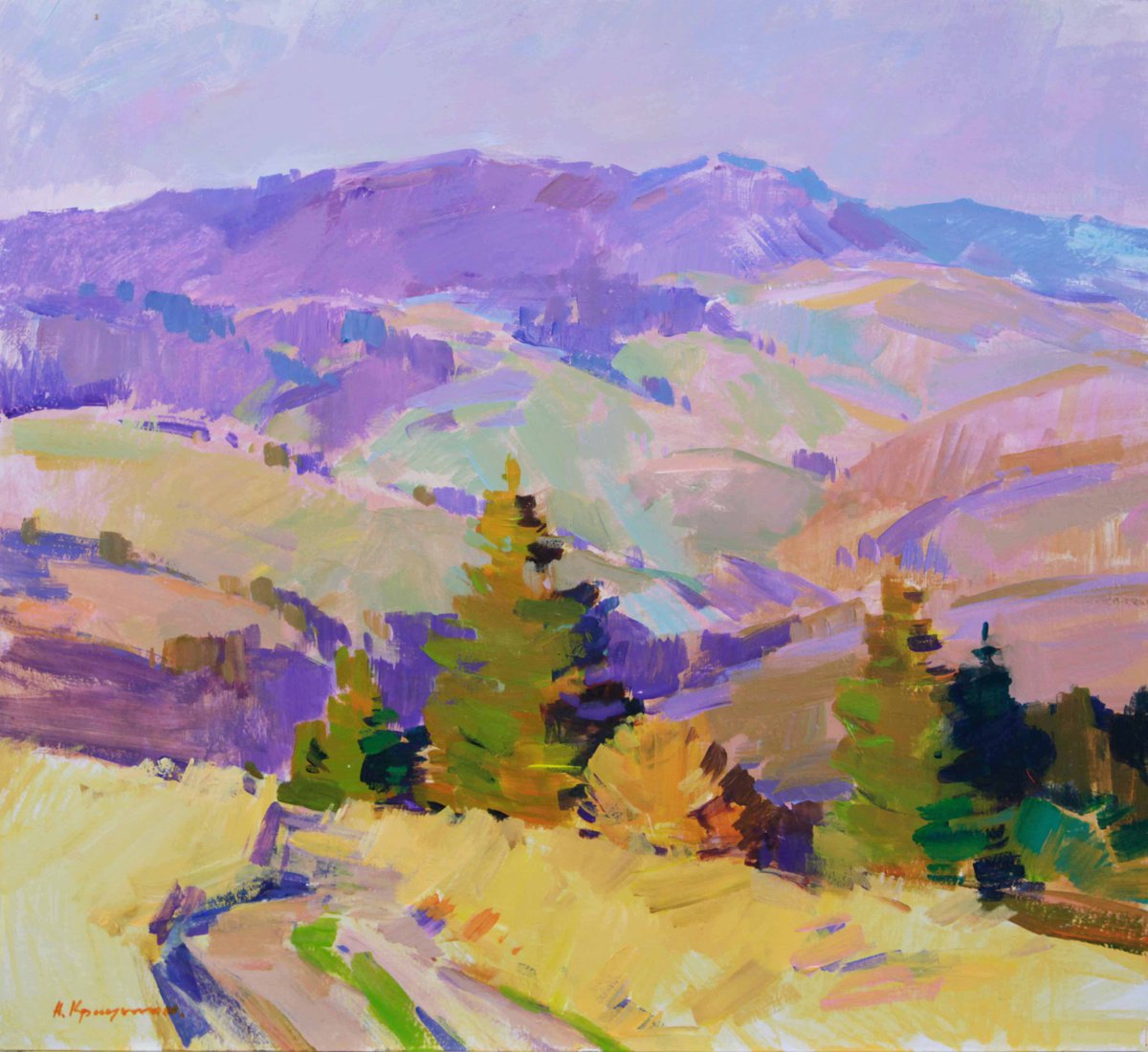 Impressionistic Landscape Acrylic Painting By Aleksandr Kryushyn, 22 X 20, Autumn In The Carpathian Mountains, Original Artwork