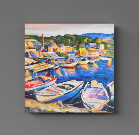 Greek fishing village, 29x29cm