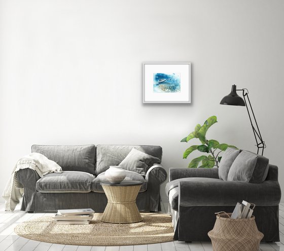 Boat in shallow water original painting  watercolor artwork with a boat in turquoise water medium  size, decor for living room gift idea