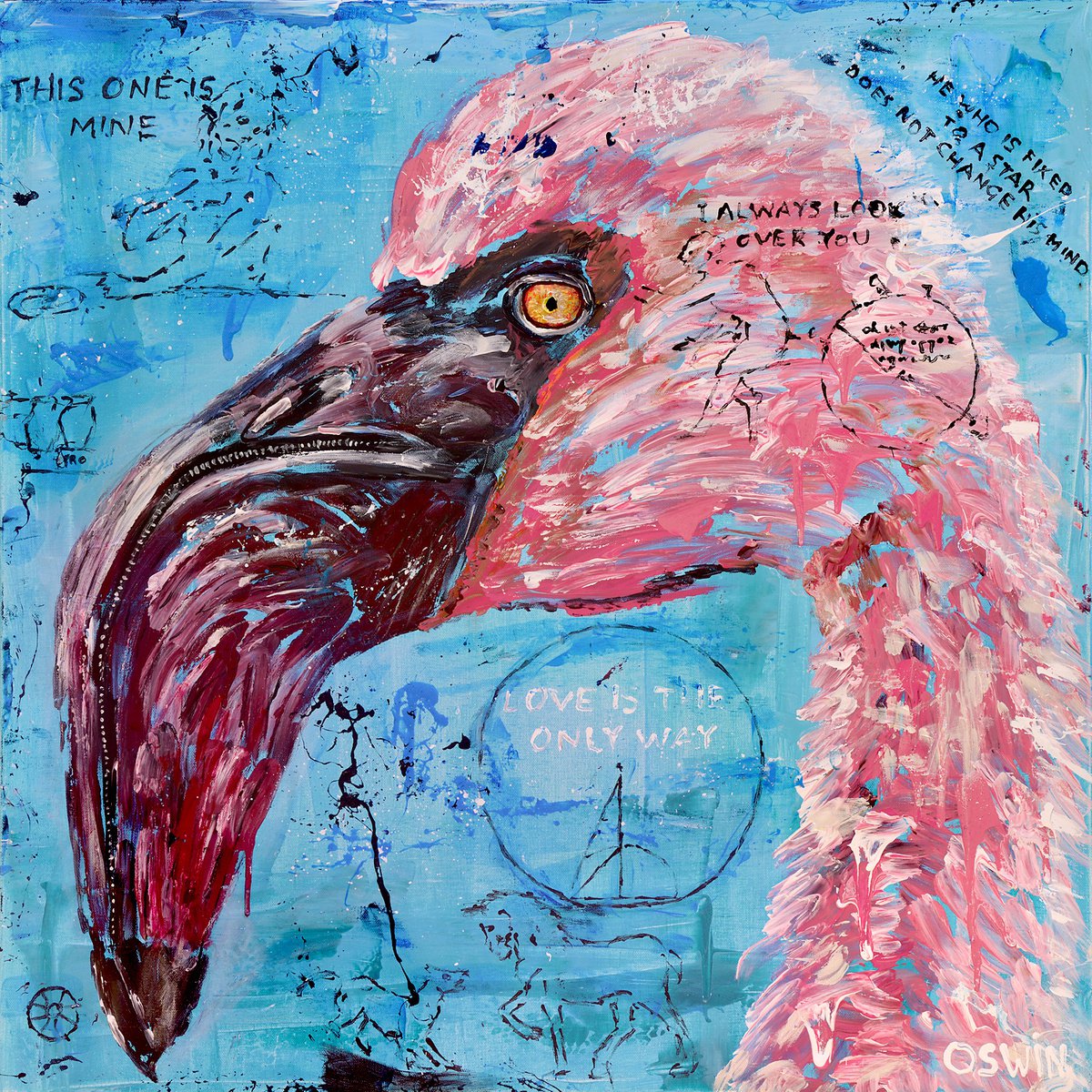 Flamingo bird : LOVE IS THE ONLY WAY - 80 x 80 cm | 31.5x31.5 Series Hidden Treasures by... by Oswin Gesselli