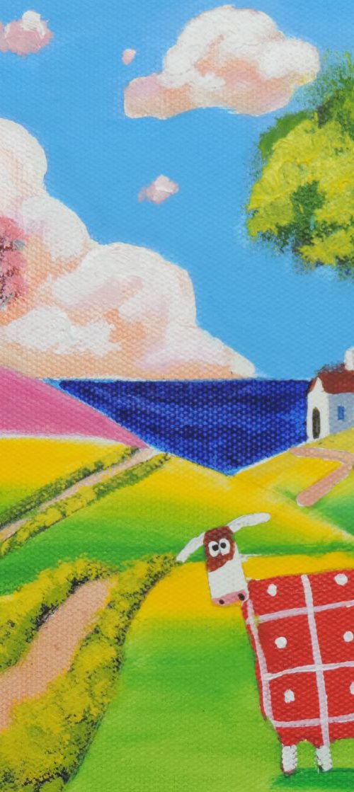 Highland cows folk art oil painting on canvas by Gordon Bruce