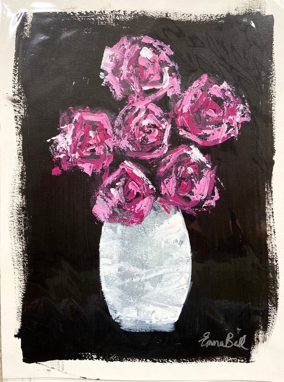 Vibrant Pink Roses acrylic on paper