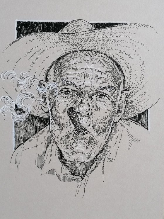 Cigar smoker. Pen and ink drawing. Smoking man portrait