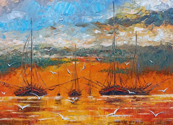 Red seascape (60x70cm, oil painting, ready to hang, impressionistic)