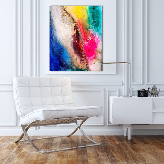 Vibrant abstract painting coral reef ocean pink gold blue with gold leaf and glitter
