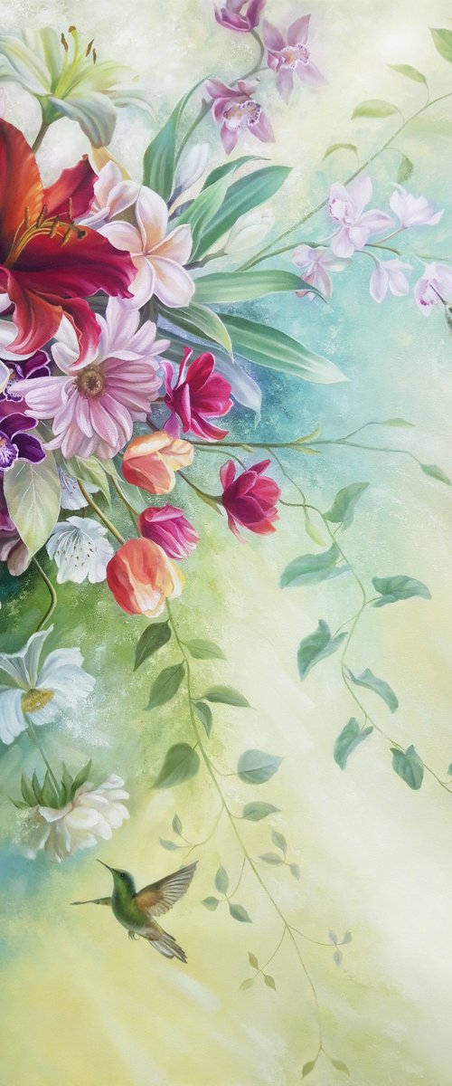 "Magic of the Spring", flowers with birds by Anna Steshenko