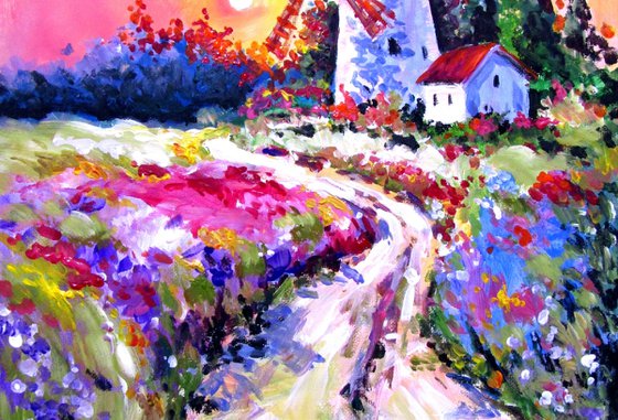 Flowers field with mill