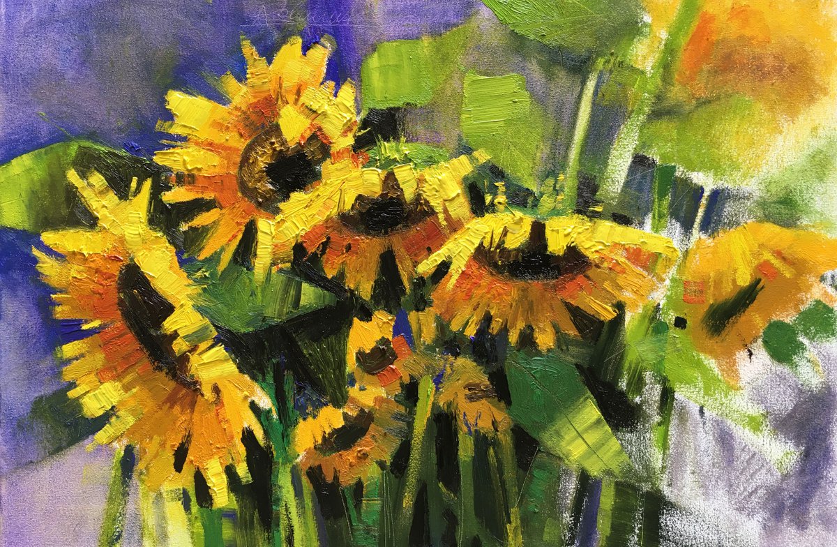 Impressionistic Botanical Oil Painting By Andrii Kovalyk, 24 X 16, Sunflowers, Original Artwork