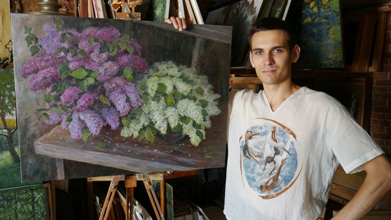 Lush Bouquets Of Lilacs On The Bench In The Garden - original floral spring oil painting on canvas