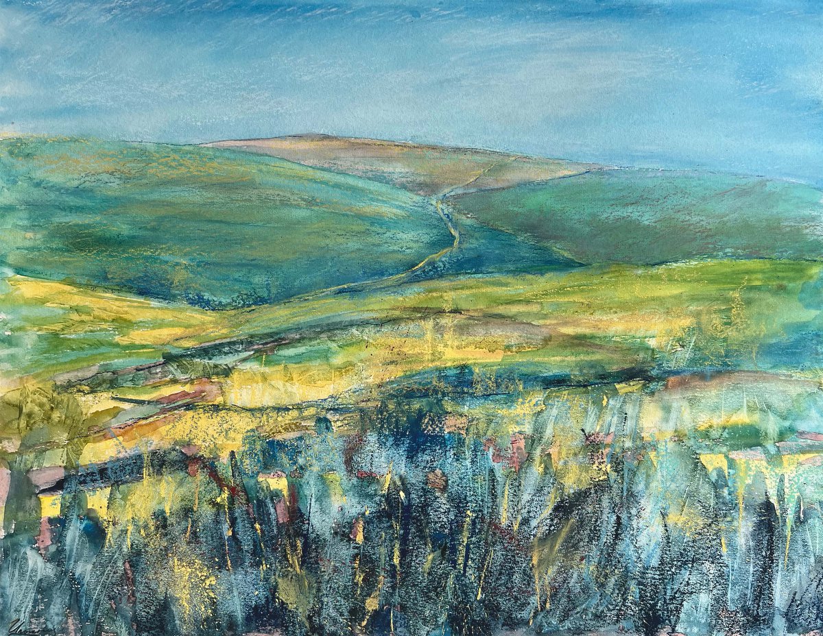 FIELDS- Pastel and watercolor drawing on paper, original gift, abstraction, landscape, blu... by Tatsiana Ilyina