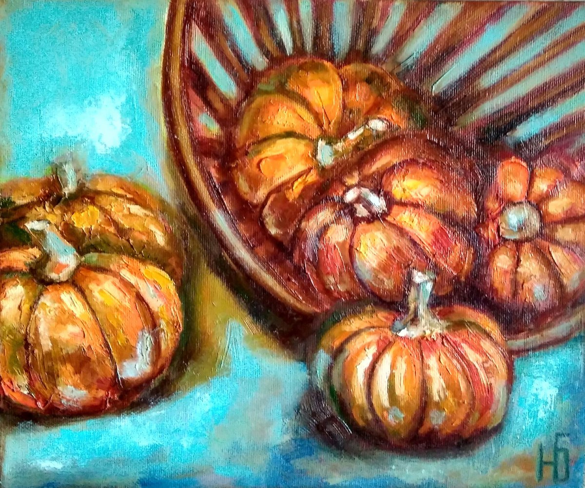 Pumpkin Painting Still Life Original Art Farm Artwork Vegetable Canvas Oil Painting Fall W... by Yulia Berseneva