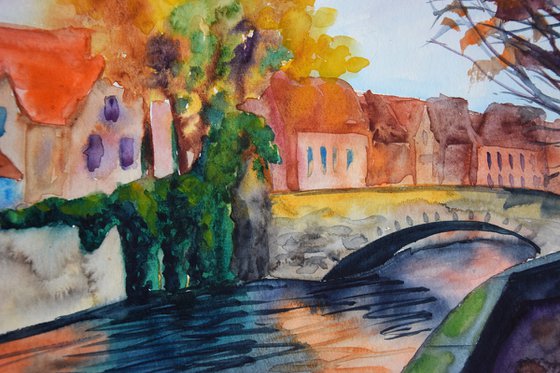 Bruges watercolour painting, Brugge cityscape wall art, Belgium