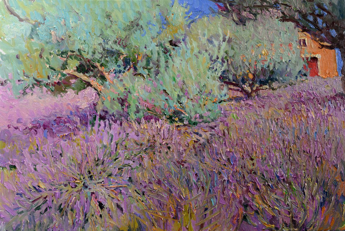 Expressive Landscape Oil Painting By Suren Nersisyan, 36 X 24", Lavender And Olives, Original Artwork
