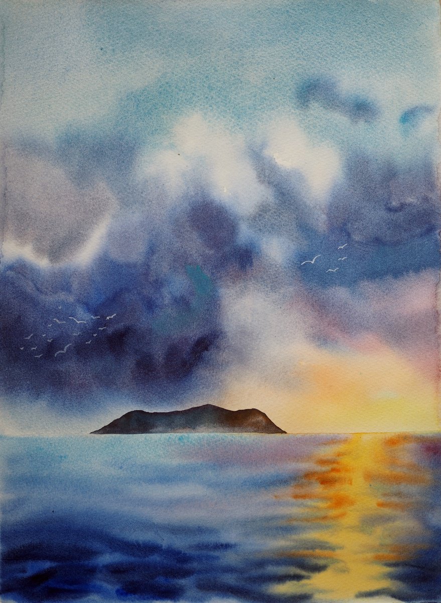 Impressionistic Landscape Watercolour By Delnara El, 11 X 15, Mediterranean Sunset, Original Artwork