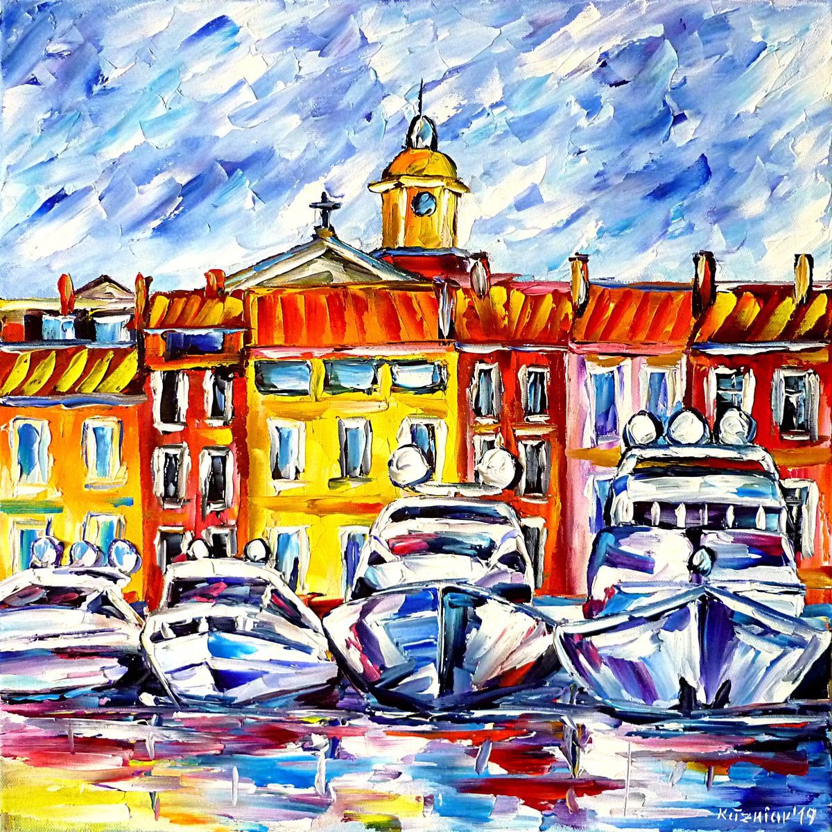 Expressive Cityscapes Oil Painting By Mirek Kuzniar, 16 X 16", Boats Of St. Tropez, Original Artwork